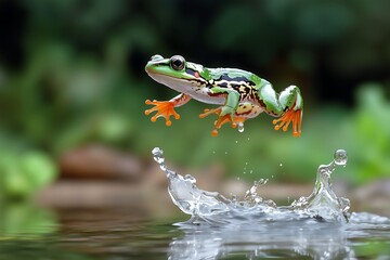 Naklejka premium Dynamic jumping frog over water splash natural pond wildlife photography outdoor close-up