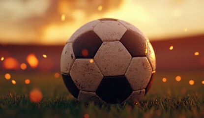 Fototapeta premium Well worn Soccer Ball at Sunset on Lush Green Field