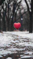 Fototapeta premium Red Balloon Floating Over Snowy Park with Soft Breeze: Snowy Valentines Day Aesthetics