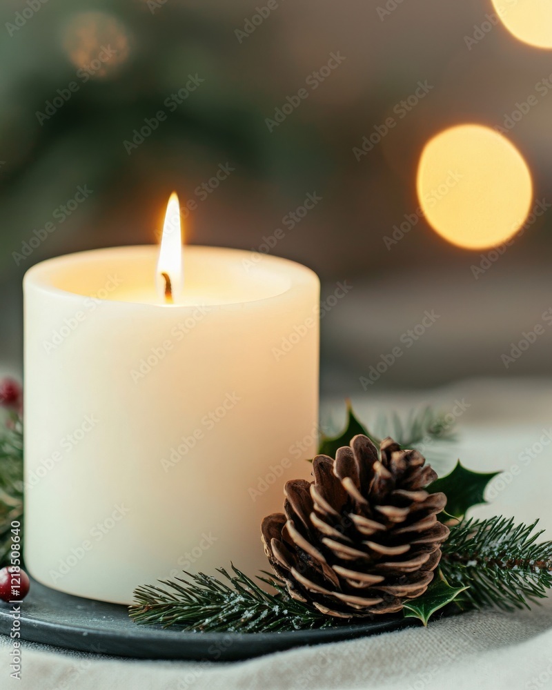 Poster serene white candle with pine cone and greenery against a subtle bokeh background for warm atmospher