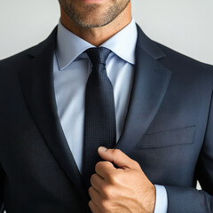 Man in navy suit, front view, with dark tie.light Blue shirt, front view, isolated on white background.