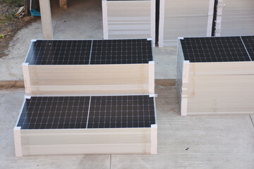 installation of solar panels with a close-up view of the photovoltaic cells arranged in a grid. Each panel is designed to convert sunlight into electricity.