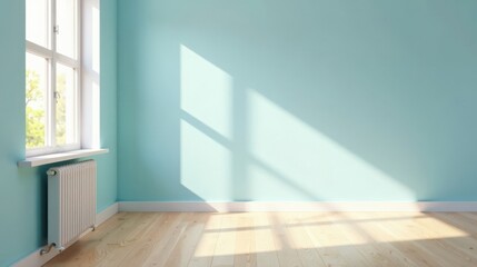 Fototapeta premium Serene Empty Room with Sunlight Streaming Through Window and Light Wooden Floor