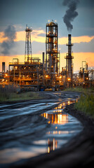 Fototapeta premium Refinery sunset, industrial complex, puddle reflection, energy production