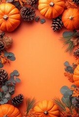 Vibrant Autumn Arrangement Featuring Pumpkins and Pinecones on a Warm Orange Background with Textured Natural Elements for Fall-themed Designs and Celebrations