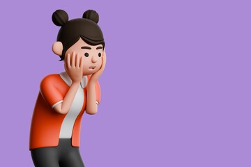 3d illustration of Asian woman in casual red clothes, hand on her face looking to the side in surprise and amazement. Isolated on purple background.