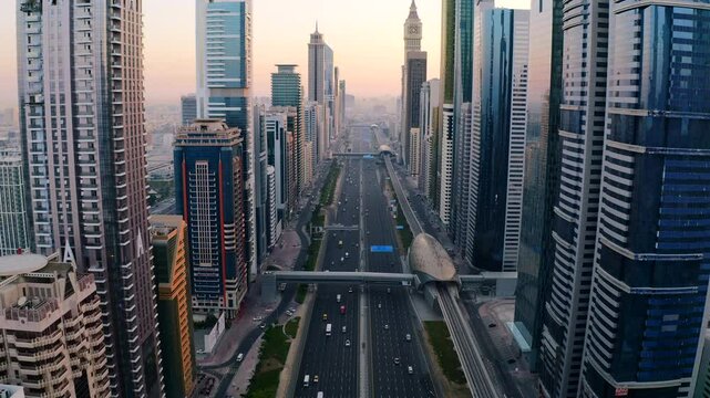 Aerial view of morning rush hour traffic on Sheikh Zayed Road, Dubai major highway