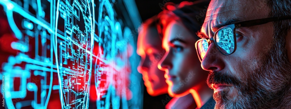 Poster professionals analyzing data on digital display with neon lights and high-tech graphics in dark envi