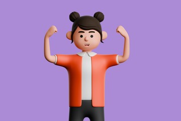 3d illustration of Asian female in casual red clothes, raising both hands triumphantly, isolated on purple background.
