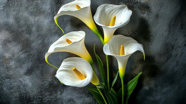 Beautiful calla lilies arranged artfully against a textured gray background showcasing their elegant form and vibrant colors