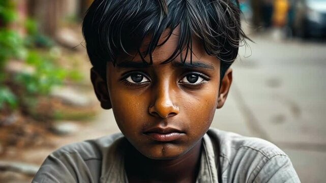 Portrait of a boy with a serious expression, capturing urban life and emotional depth through close up and natural light
