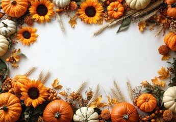 Vibrant Autumn Arrangement Featuring Sunflowers, Pumpkins, Wheat, and Leaves Creating a Cozy Fall Atmosphere for Seasonal Decoration and Celebrations