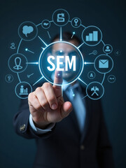 Obraz premium Businessman Points To Sem Related Icons, Symbolizing Search Engine Optimization Marketing Ranking And Online Advertising Digital Marketing Strategies. 00002