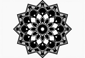 Fototapeta premium Intricate Mandala Icon: Geometric Sacred Symbol in Solid Black Line on Pure White Background, spiritual art, meditative design, yoga pattern, ethnic element, graphic,