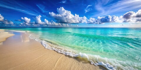 Obraz premium A serene ocean wave gently lapping at the shore of a picturesque beach with crystal clear turquoise water and powdery white sand