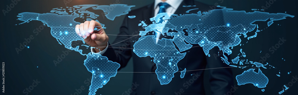 Poster businessman connects globally through digital links with world map background and lines illustrating