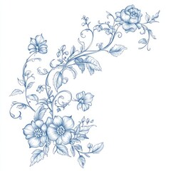 Soft blue botanical line art only, featuring intricate intertwining flowers