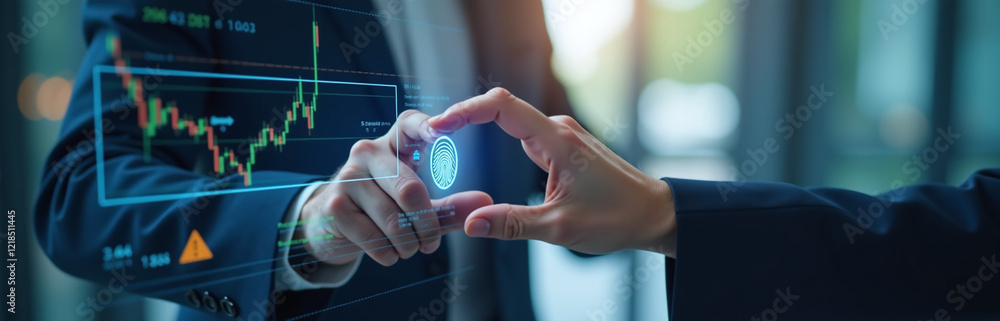 Poster businessman accesses personal financial data using a biometric cyber security system with fingerprin