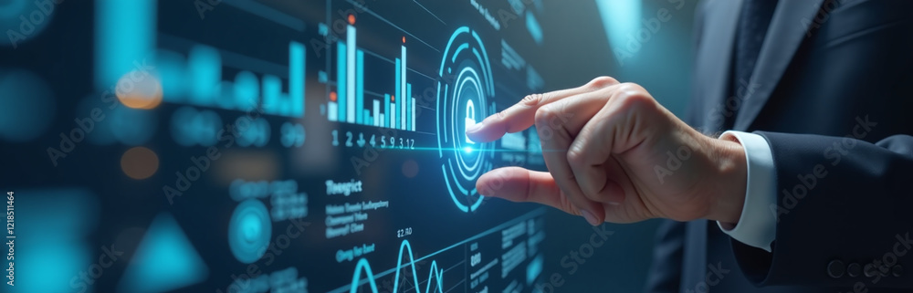 Poster businessman accesses personal financial data using a biometric cyber security system with fingerprin