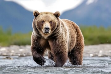 Fototapeta premium Grizzly bear fishing in river wilderness landscape wildlife photography natural habitat