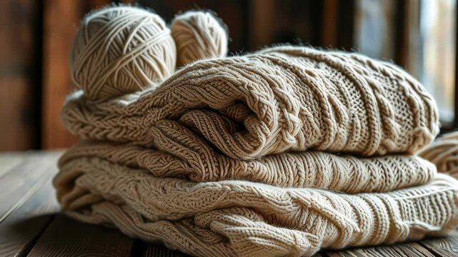 Stacked knitted sweaters with yarn balls, showcasing craftsmanship and warm textile aesthetics in a cozy workshop setting