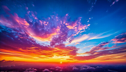 Fototapeta premium Colorful Sunset Sky,A vibrant sunset with a colorful sky, featuring blue, pink, purple, and orange shades, and scattered clouds over a distant landscape.