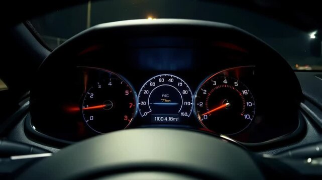 Night Drive: Illuminated Car Dashboard Displaying Speed, RPM, and Fuel