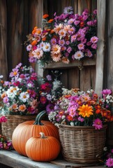 Naklejka premium Vibrant Autumn Harvest Display with Colorful Flowers and Pumpkins Arranged Beautifully in Rustic Wooden Shelves and Baskets
