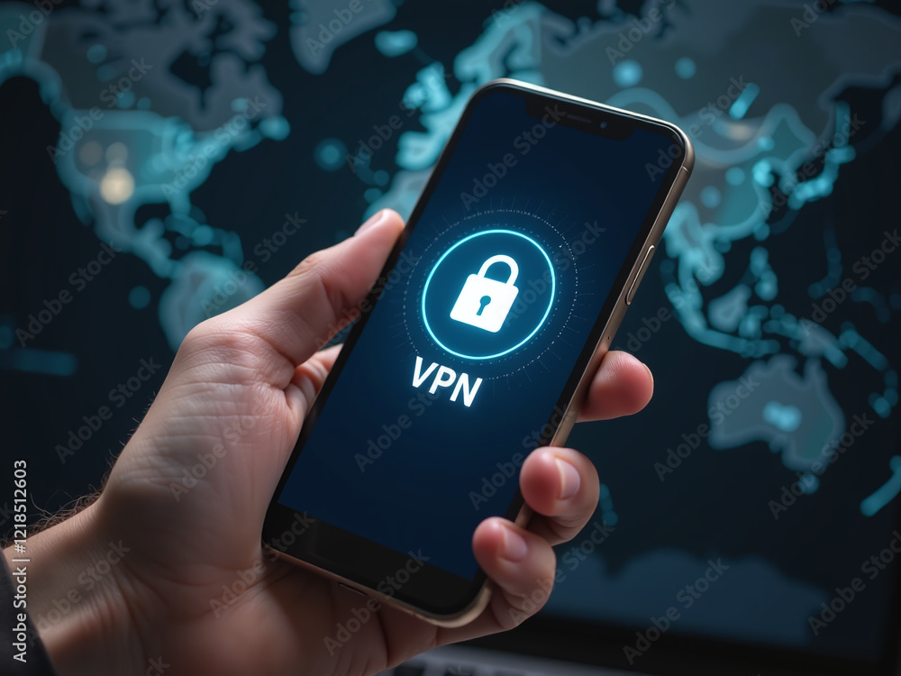 Poster a person uses a smartphone with a vpn icon on their virtual screen to connect to a secure vpn networ