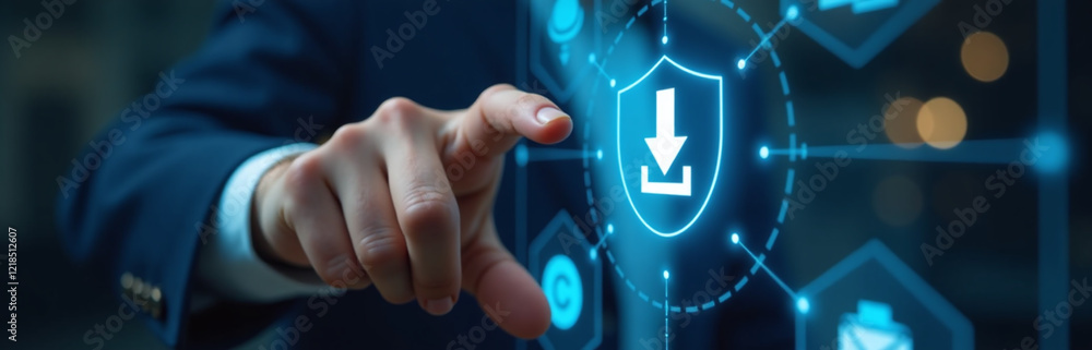 Poster a person uses a real hand to push an icon on a virtual screen to initiate a software download proces