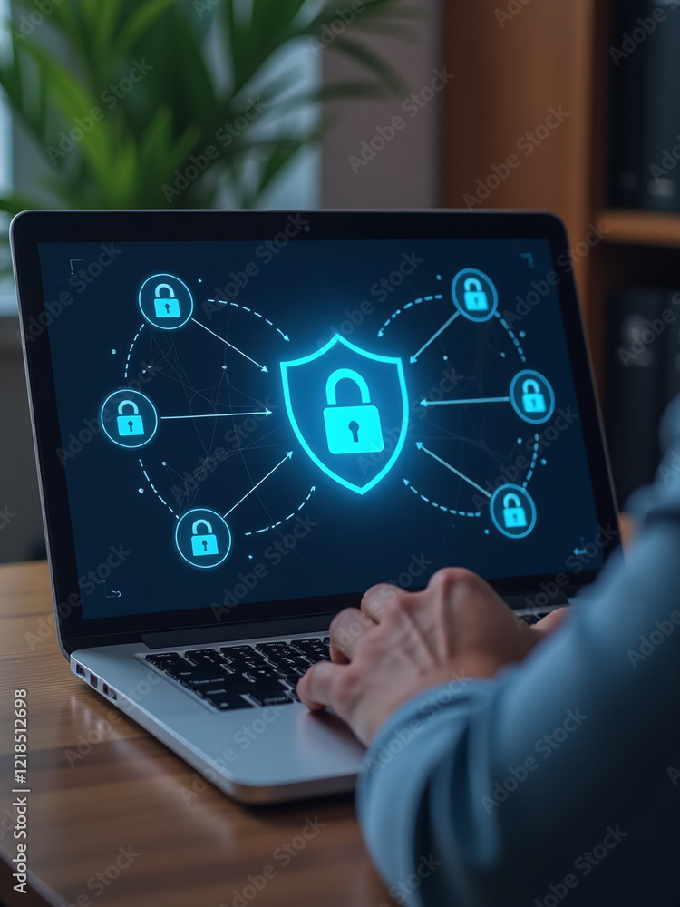 Poster a person uses a laptop with a vpn icon on a virtual screen to connect to a secure online network. 00