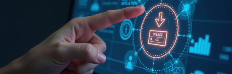 Obraz premium A Person Uses A Real Hand To Push An Icon On A Virtual Screen To Initiate A Software Download Process. 00001