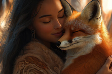 Obraz premium A woman warmly embraces a Little fox, showcasing a unique bond between humans and wildlife