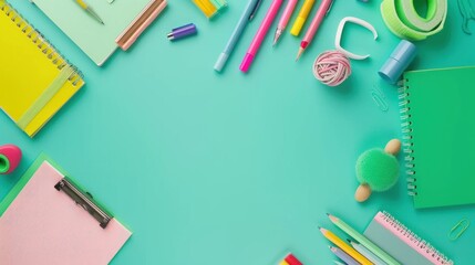 Colorful stationery arranged on teal background; copy space