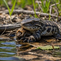 Obraz premium Hunting Moment: Eastern Massasauga Strikes Prey in a Serene Natural Setting