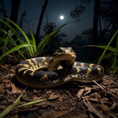 Fototapeta premium Moonlit Ambush: Bothrops Snake with Glowing Eyes in a Nocturnal Scene