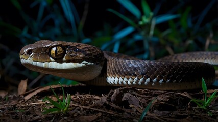 Fototapeta premium Enigmatic Glow: Bothrops Snake Illuminated by Moonlight in Nighttime Encounter