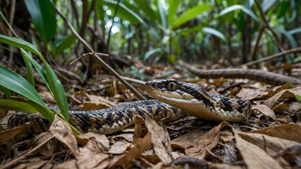 Naklejka premium Stealth in Nature: Bothrops Snake in Ambush Among Leaves and Debris