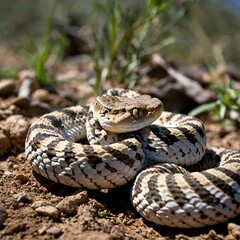 Obraz premium Horned Viper in Ambush Position Camouflaged in Desert Vegetation, Poised to Strike