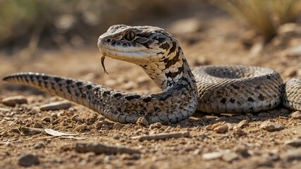 Fototapeta premium Horned Viper Resting Among Blooming Desert Flowers, Emphasizing the Contrast Between Snake and Surroundings