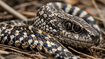 Fototapeta premium Eastern Massasauga Camouflaged in Autumn: A Serene Scene Amidst Colorful Leaves