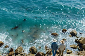 Elderly African American Couple Enjoying Coastal Serenity: Aerial Ocean View with Rocks and Waves