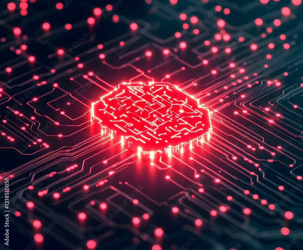 Poster digital circuit board with a glowing red microchip at the center, showcasing advanced technology
