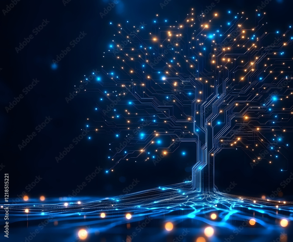 Poster digital tree with glowing circuits and lights on a dark background, symbolizing technology and growt