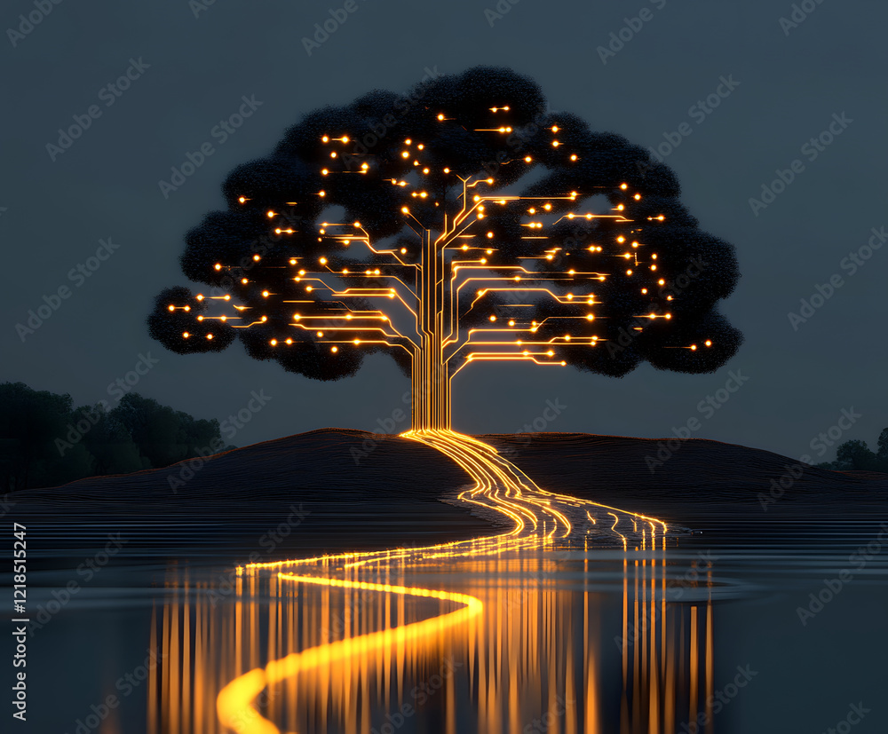 Poster a glowing tree with circuit-like branches reflected on water at night