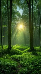 Obraz premium Magical Sunrise in a Lush Green Forest