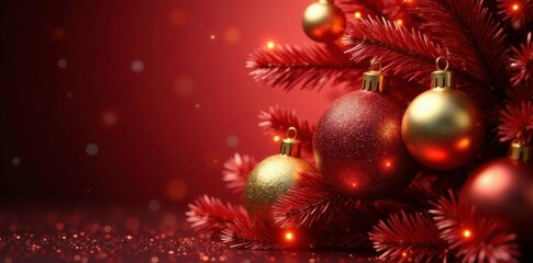 Glowing gold ornaments on a large red glittering Christmas tree, sparkling decorations,