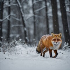 Obraz premium A fox walking through snow, side-view, full-body, with a blurred snowy forest.
