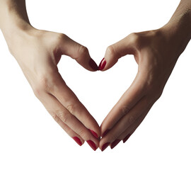 Obraz premium Hands forming a heart shape,symbolizing love and care isolated on a white background with closeup of fingers showing a romantic gesture Elegant women s hands with Red
