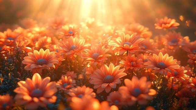 Sunset orange flowers field, sun rays, nature, background, website
